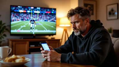Man checking NFL fantasy sports app on smartphone while NFL game plays on TV in background