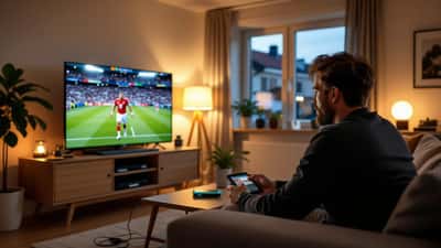 Mann setter opp Wi-Fi-ruter og smart-TV hjemme for å se VM 2026 på TV 2 Play