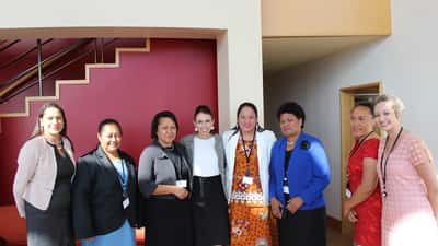 Jacinda Ardern speaking with Pacific Women MPs at a leadership event