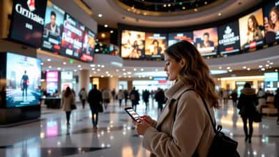 Femme consultant Allociné sur son smartphone dans un cinéma parisien, bandeau cookie RGPD visible à l'écran