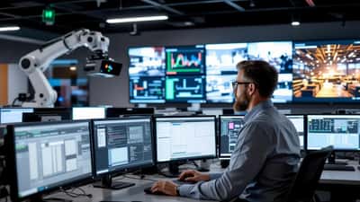 IT-Ingenieur analysiert Automatisierungssystem im Broadcast-Kontrollraum eines deutschen Nachrichtensenders
