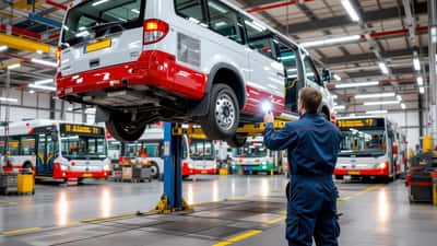 Monteur inspecteert de ophanging onder een stadsbus op een hefbrug in een busremise
