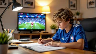 Enfant étudiant les statistiques de la Coupe du Monde 2026 avec le maillot de l'équipe de France posé sur la chaise