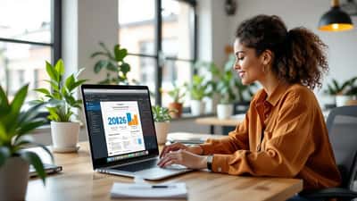 Ilustração em tons azuis e laranja de um calendário de 2026 ao lado de um laptop em home office, representando o equilíbrio entre trabalho e descanso no Brasil