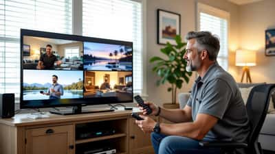 Home-electronics technician setting up a wall-mounted TV showing YouTube TV four-panel multiview in a living room