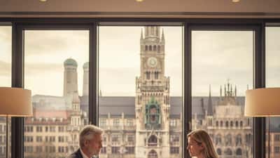 Älterer Mann in Anzug bespricht Rentenunterlagen mit Berater in Münchner Büro