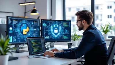 Developer reviewing Python dependency graph with cybersecurity shield