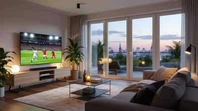Modernes Wohnzimmer mit großem Fernseher beim Live-Stream des Spiels Norwegen gegen England