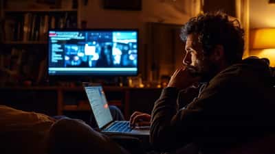 Homme regardant un match de football en streaming illégal sur un ordinateur portable avec des alertes de sécurité à l'écran