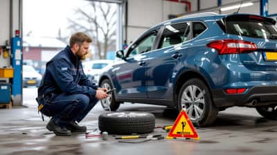 Mekaniker tjekker dæk på en pakket bil i et dansk værksted før en lang udekamp-tur til Polen
