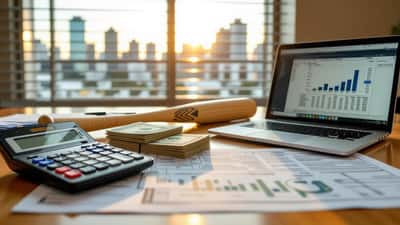Financial adviser's desk with foreign tax statements, currency and a cricket bat in a Sydney office