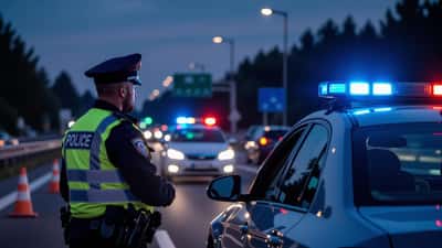 Agente di polizia stradale che ferma un'auto a un posto di blocco sull'autostrada italiana di notte in agosto 2026