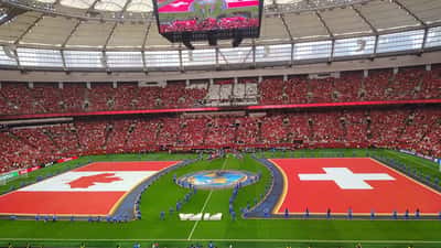 Schweiz spillere ved VM 2026 i BC Place Vancouver inden kamp mod Algeriet