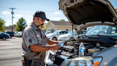 Mecánico revisa la batería y el radiador de un auto bajo el sol durante una ola de calor en Chicago