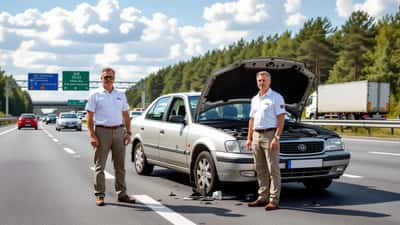 Broken-down car on UK motorway hard shoulder in summer heat with driver standing beside raised bonnet