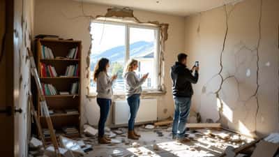 Pareja hispana inspeccionando daños por terremoto en su apartamento de Reno Nevada en 2026