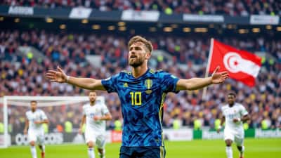 Voetballer in Zweeds tenue staat stil na zijn WK-goal, Tunesische vlag zichtbaar op de tribune