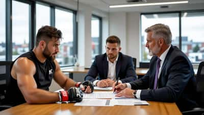 MMA fighter reviewing contract documents with solicitor in a London law office