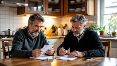 Homem em Lisboa examina bilhete do Euromilhões e plano financeiro ao serão