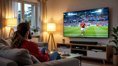 Dansk fodboldfan ser AGF mod Lech Poznań på et stort smart-TV i stuen med soundbar