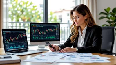 Investidora brasileira consultando documentos financeiros e smartphone com gráficos de ações em home office em São Paulo