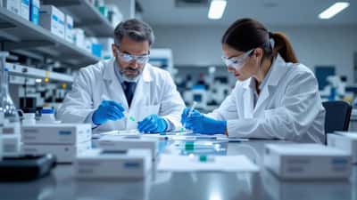 Inspectrice sanitaire française examinant des stylos injectables GLP-1 contrefaits saisis lors d'une opération de police sanitaire de l'ANSM
