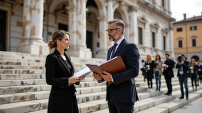 Vedova con avvocato fuori dal tribunale di Lodi per la riapertura delle indagini sulla morte del sindaco Manara
