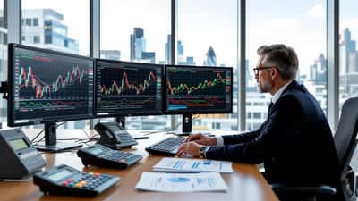 Financial adviser reviewing defence sector stock charts alongside pension allocation documents in a City of London office