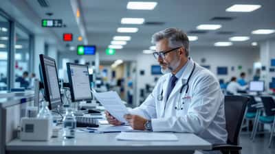 Médecin en urgences d'hôpital français consultant un dossier patient
