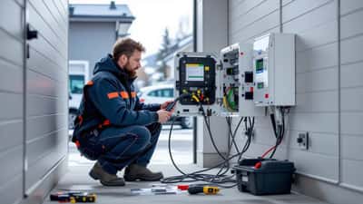 Elektriker inspiserer veggmontert elbillader ved åpent sikringsskap i norsk garasje