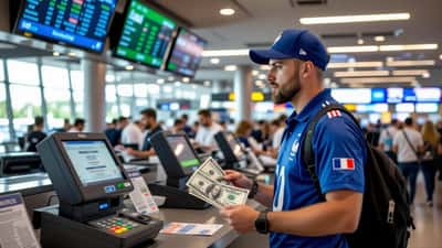 Supporter suisse en maillot de la France à un comptoir de change à Miami, francs suisses et dollars en main