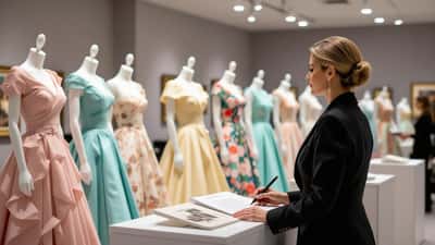 Auktionsvorschau eleganter Kleider aus dem Nachlass Prinzessin Dianas, Katalog und Auktionshammer auf dem Tisch