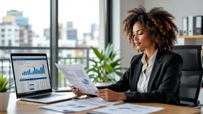 Mulher afro-brasileira revisando holerites e relatório salarial em escritório moderno de São Paulo em 2026
