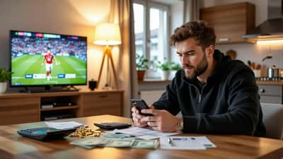 Österreichischer Mann prüft Sportwetten-Quoten für Türkei–Frankreich am Smartphone, Euro-Scheine auf dem Tisch