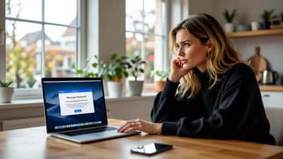 Bezorgde vrouw bekijkt verdachte Facebook-beveiligingsmail op laptop in een Nederlandse keuken