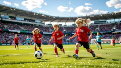 Danske skoleelever spiller fodbold på stadion under DBU Skolepokalfinalerne 2026 i Køge