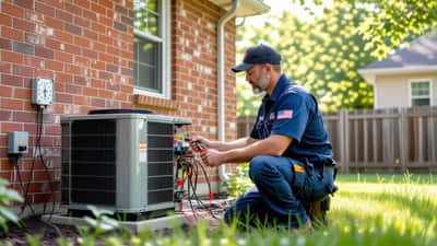 HVAC technician checking outdoor air conditioning condenser unit during Philadelphia July 4th heat wave 2026