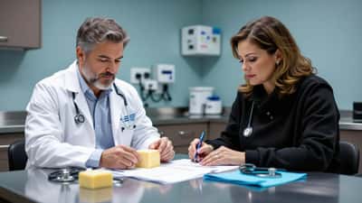 Canadian family doctor reviewing a patient's symptoms with a recalled cheese product and food recall notice on the clinic exam table