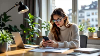 Étudiant suisse tenant un smartphone et des médicaments bêtabloquants sur son bureau