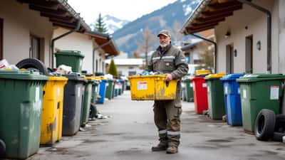 Homme en combinaison de mécanicien déposant des déchets automobiles au recyclinghof suisse