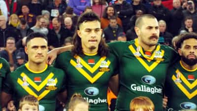 Australian national rugby league team pre-game at the 2021 Rugby League World Cup Final