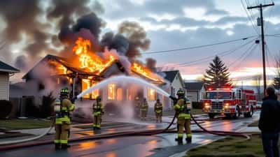 Pompiers combattant un incendie dans des maisons mitoyennes en rangée, fumée et flammes sur la toiture partagée