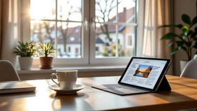 Tablet med lokal nyhetstidning på ett svenskt skrivbord i morgonljus 2026