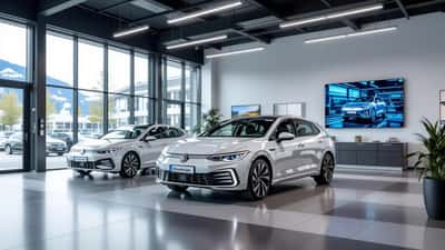 VW ID.2all und ID.4 in einem modernen österreichischen Showroom mit Werkstatt