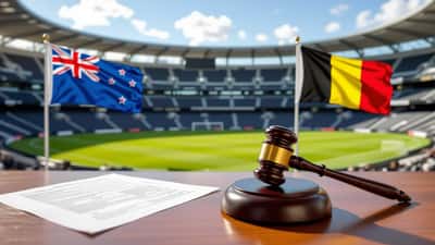 Stadio moderno con bandiere di Nuova Zelanda e Belgio, documenti legali e martelletto in primo piano