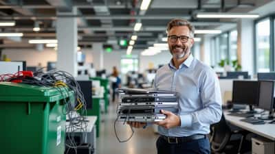 Employé suisse déposant des vieux appareils électroniques dans un bac Swico Recycling au bureau