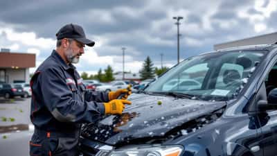 Mécanicien inspectant la carrosserie grêlée et le pare-brise fissuré d'une voiture après un orage au Québec