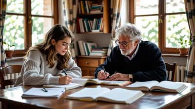 Studente italiano ripassa con un tutor privato a un tavolo pieno di libri e appunti