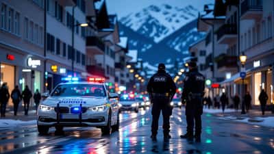 Polizisten am Streifenwagen in Innsbruck bei Dämmerung mit Blaulicht