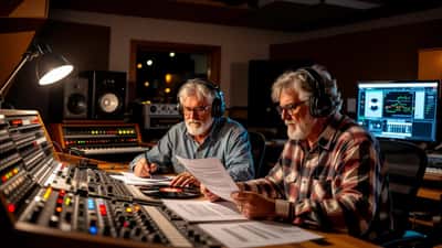 Zwei Musiker prüfen einen Plattenvertrag und Masterbänder in einem Tonstudio